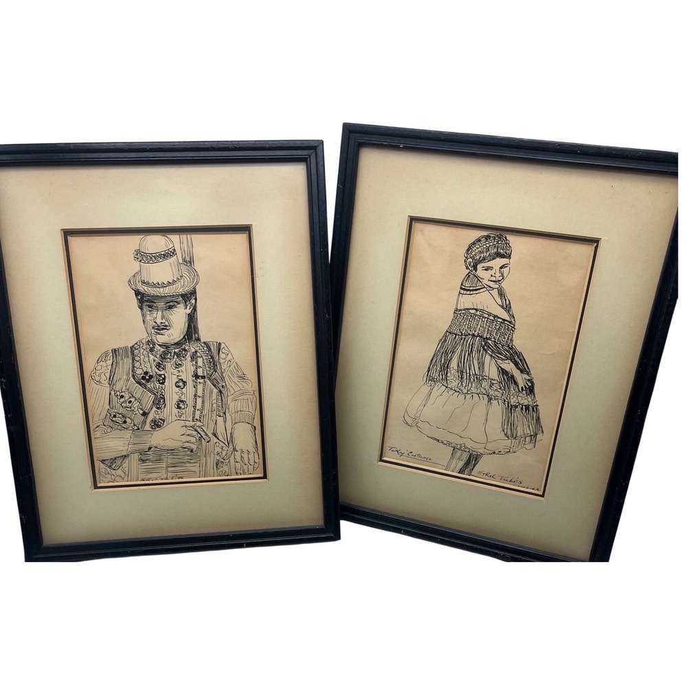 Vintage Orig Ink Drawings Framed Matted 1943 Ethel Trebits cultural garment Folk
